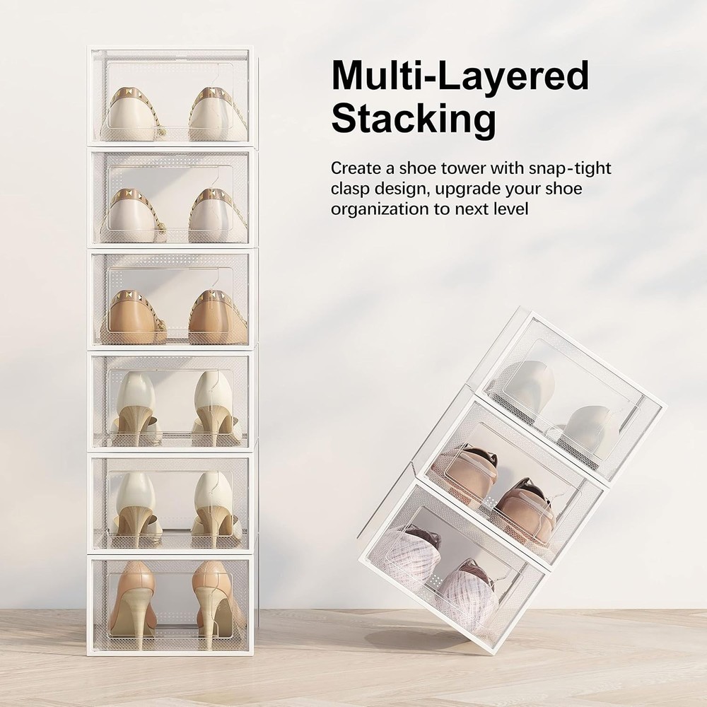 12 Pack Shoe Storage Box, Clear Plastic Stackable Shoe Organizer for Closet, Spa
