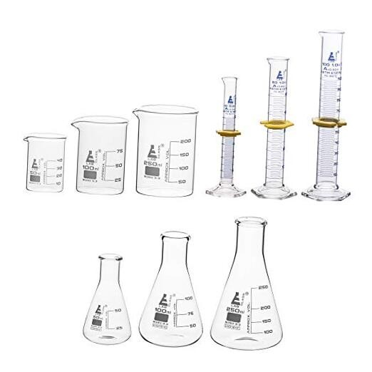 Laboratory Glassware Set, 9pcs - Includes Beaker Set (3pcs), Erlenmeyer Flask