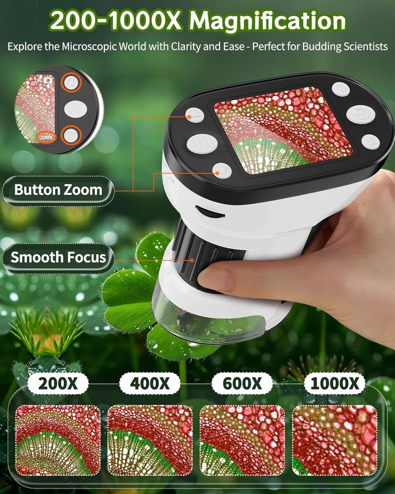 1000X Handheld Microscope for Kids, 2.0" Screen Pocket Microscope, Adjustable LE