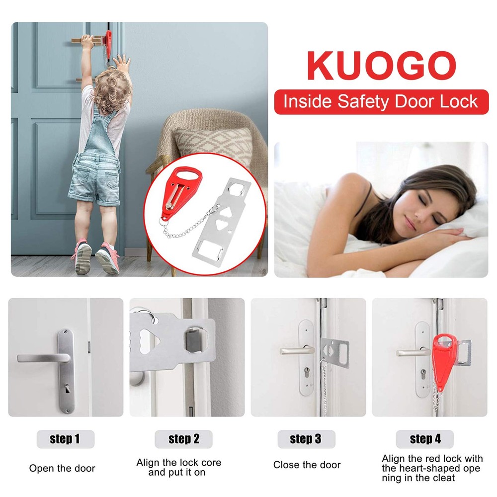 Portable Door Lock-2 Pack Solid Heavy Duty Extra Lock for Additional Privacy ...