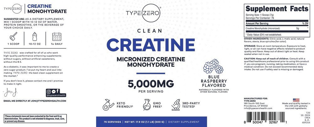 TypeZero Creatine Monohydrate Powder 500 Grams, Blue Raspberry Flavor