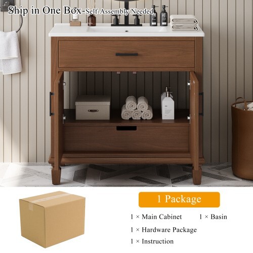 Modern Rattan Bathroom Vanity w/ Ceramic Sink & Soft-Close Drawers