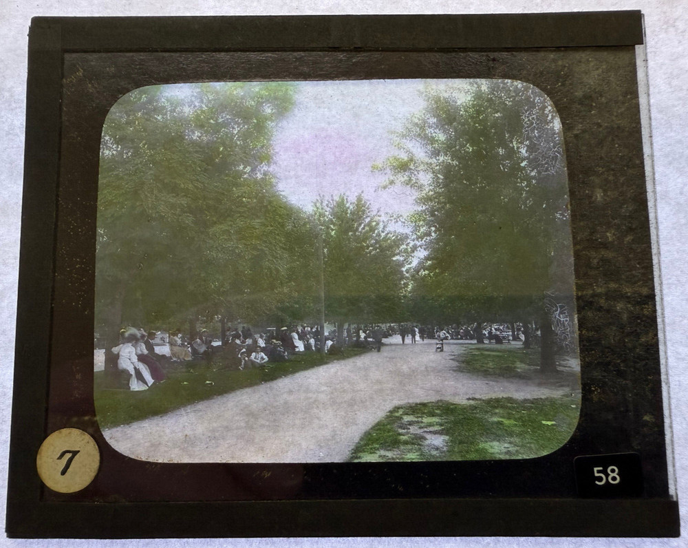 MAGIC LANTERN SLIDE COLORED PICNIC IN PARK CALIF? 1910'S