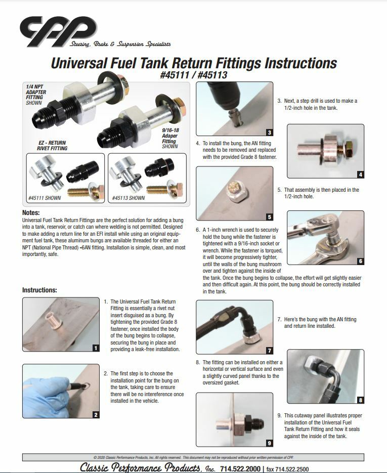 CPP Universal Fuel Tank Return Line Fitting Install Kit