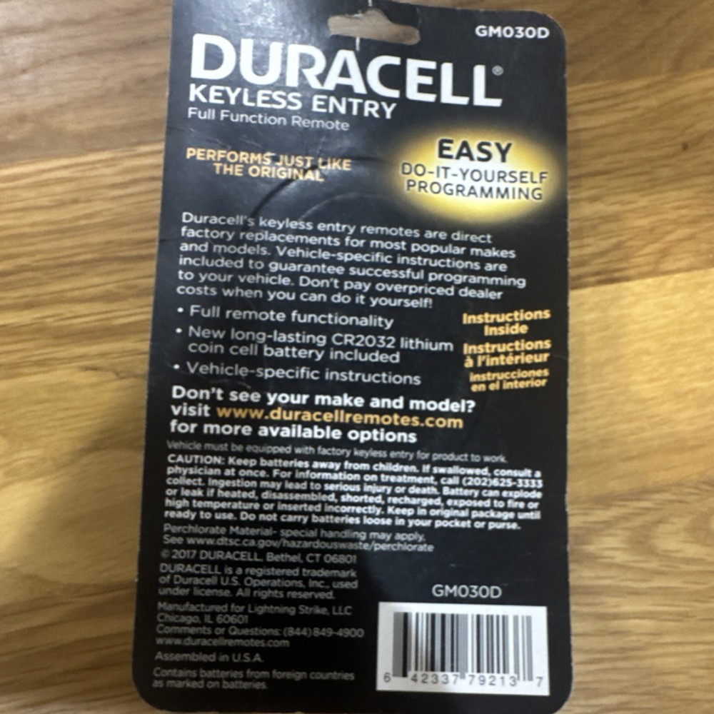 Duracell Full function remote GM 030D Do-It-Yourself Programming