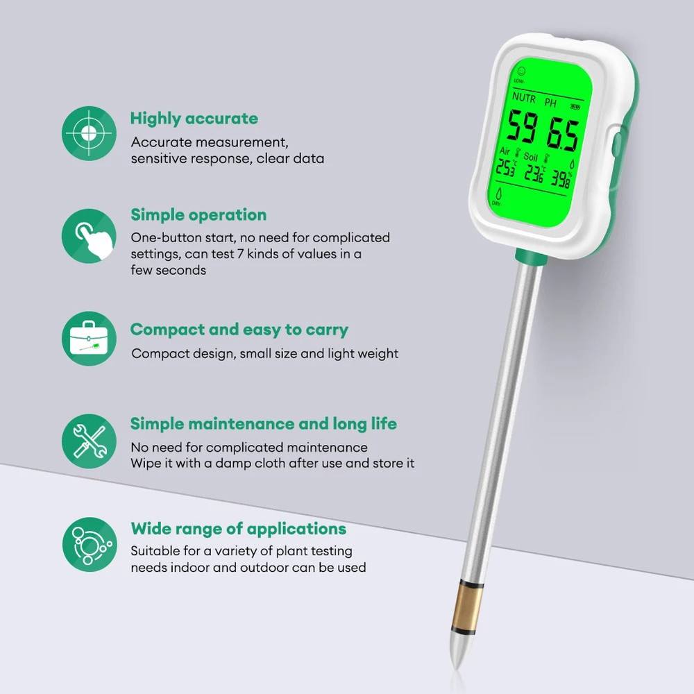 7-in-1 Soil pH Meter Rotatable Backlit Display Nutrient Analyzer Moisture Sensor