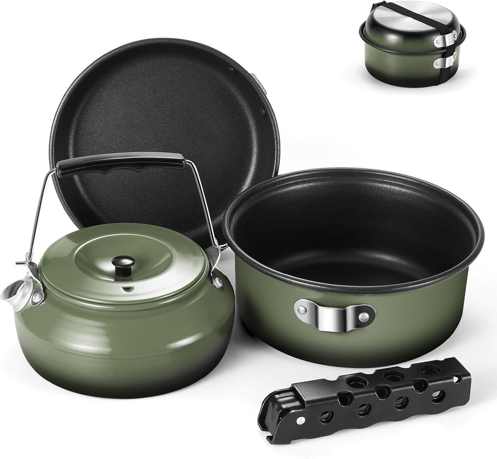 5PCS Camping Cookware Set Non-Stick Pot Pan Kettle Removable Handle Green