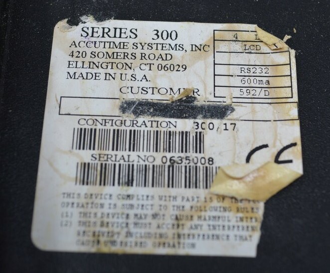 AccuTime Series 300 Time and Data Timeclock Terminal Unit SEE NOTES