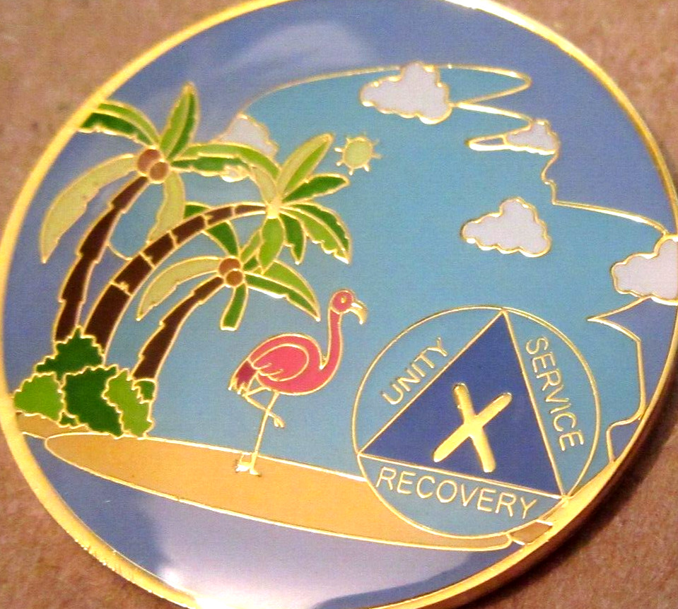 Beach - Blue yellow pink Alcoholics Anonymous 10 Year AA Medallion Coin Token