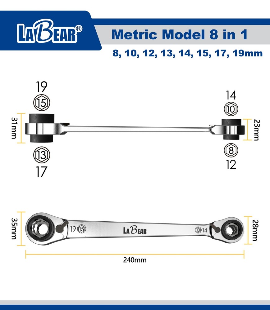 LABEAR - Metric 8 in 1 Double End Reversible Combination Mertic, Silver