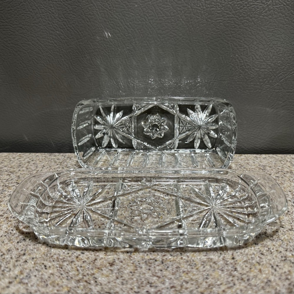Vtg Anchor Hocking EAP Butter Dish Pressed Cut Clear Glass Star Pattern EUC