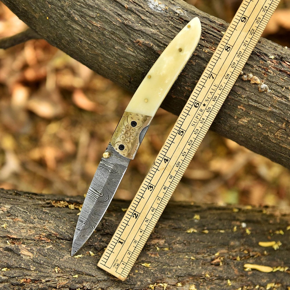 Damascus Steel Folding Dagger Blade Pocket Knife Camel Bone Handle EDC Tool