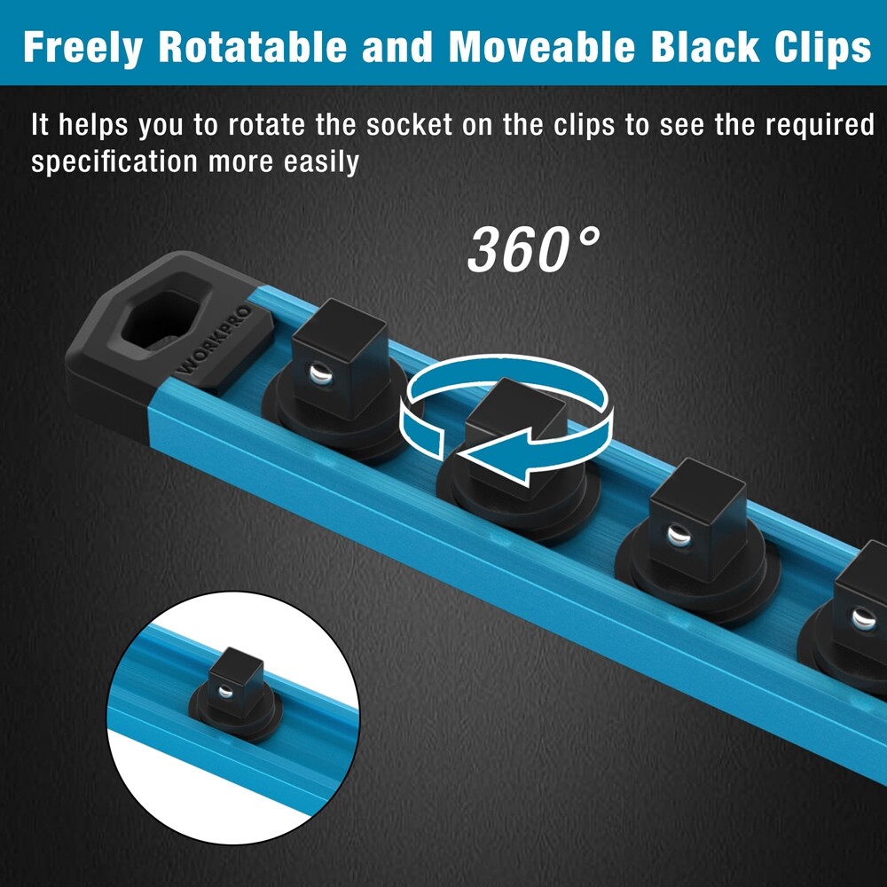 WORKPRO Magnetic Socket Organizer 3/8-Inch Dr Aluminum Alloy Socket Rail Holders