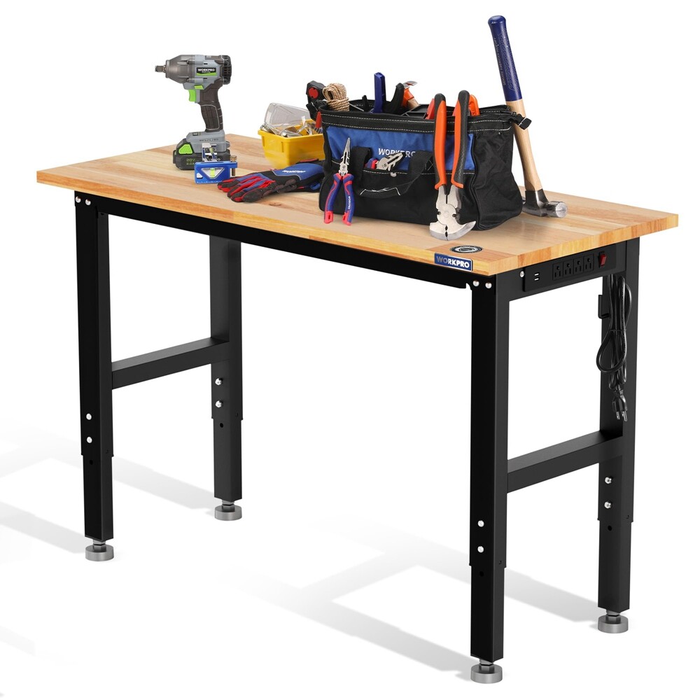 WORKPRO 48" Adjustable Workbench, Rubber Wood Top Heavy-Duty Workstation
