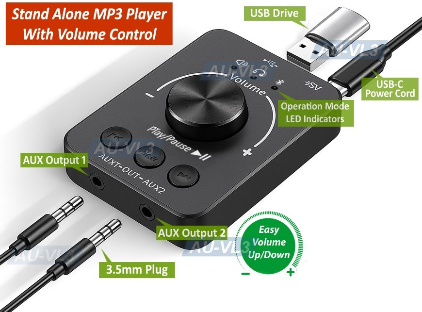 Plug-And-Play USB Volume Control Audio Adapter Bluetooth Transmitter MP3 Player