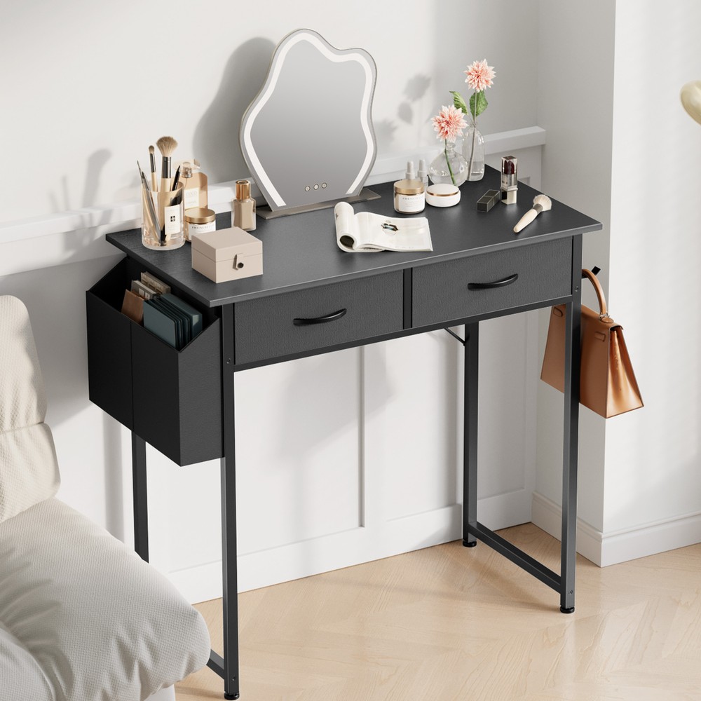 Compact 32 inch Home Computer Desk - 2 Fabric Drawers, Side Storage Bag, Hook