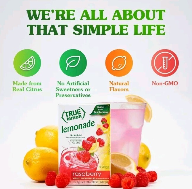 6 PACK True Lemon Raspberry Lemonade Stevia Sweetened Drink Mix - 60 Packets