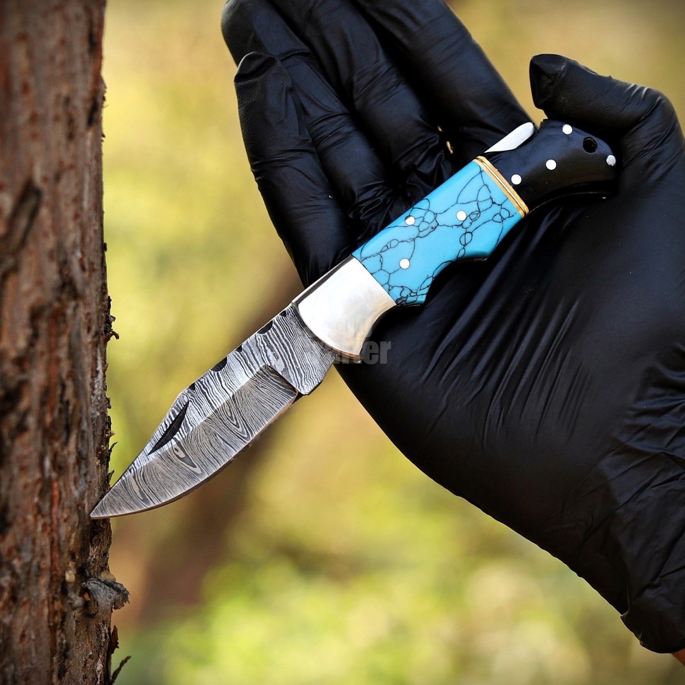 Handmade Damascus Folding Knife, Turquoise Stone Handle Leather Sheath Sharpner.