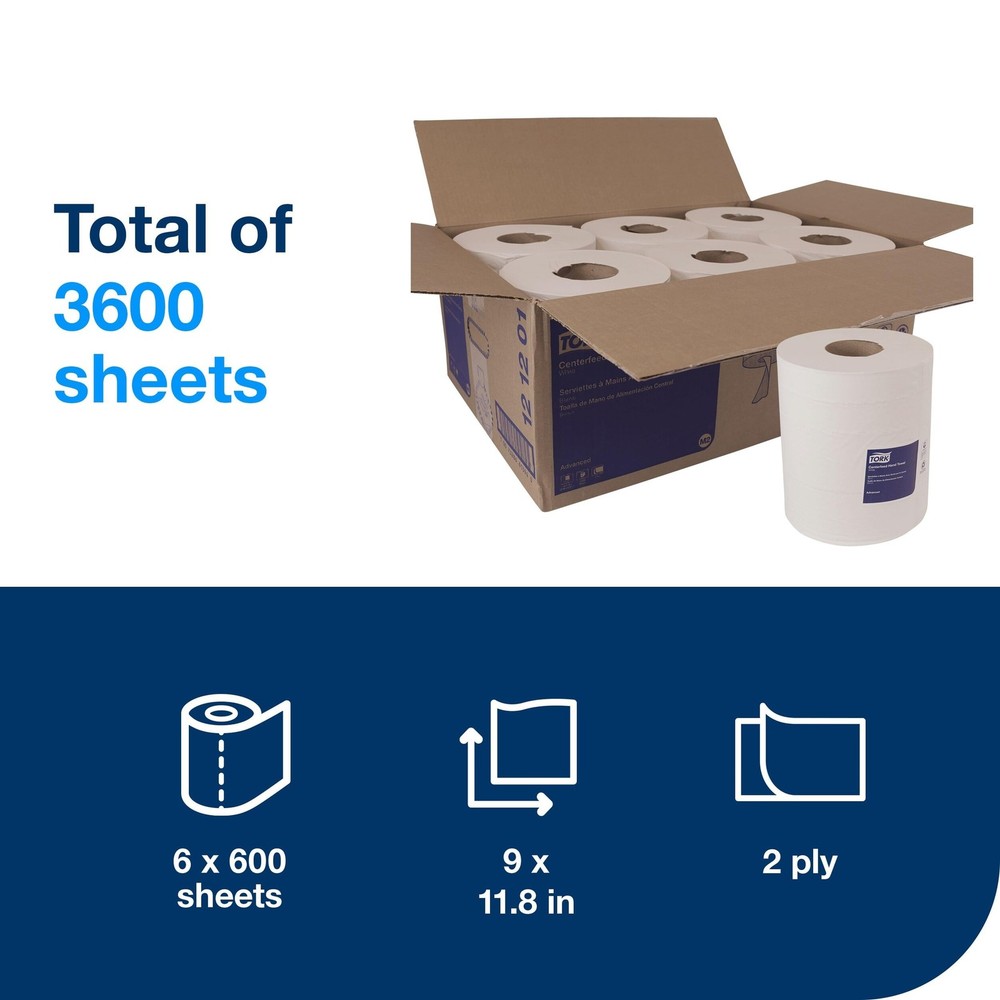 Tork Basic Centerfeed Paper Wiper White M2, High Absorbency, 6 x 600 Sheets, ...