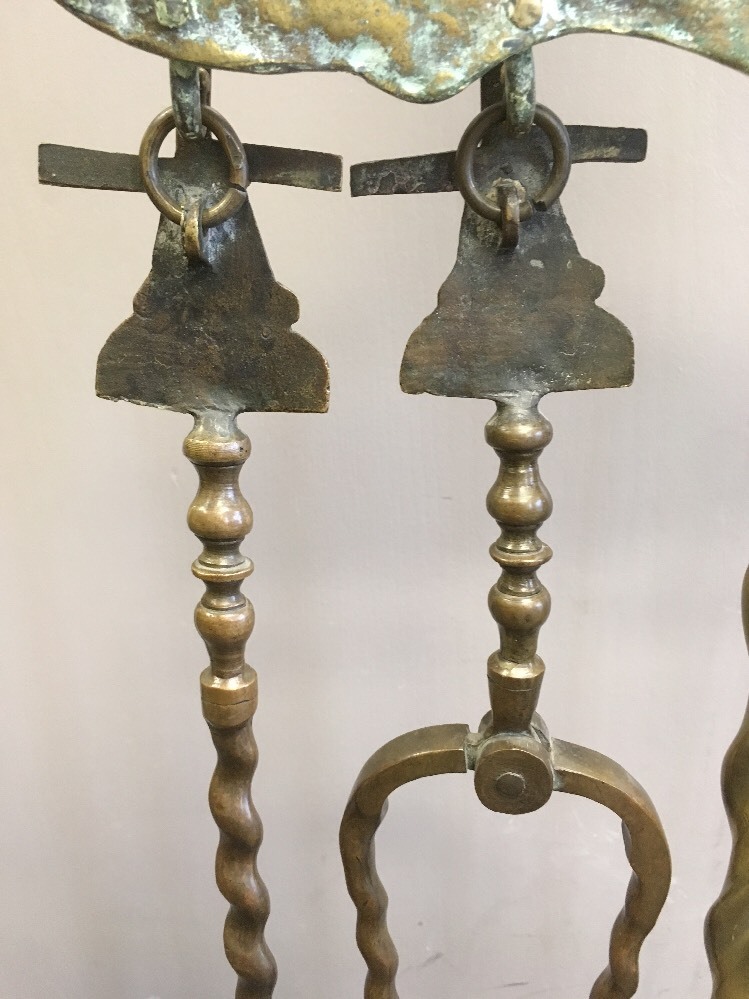 WINDMILL FIRE PLACE TOOLS ANTIQUE BRASS DUTCH 1850, CAST DESIGN