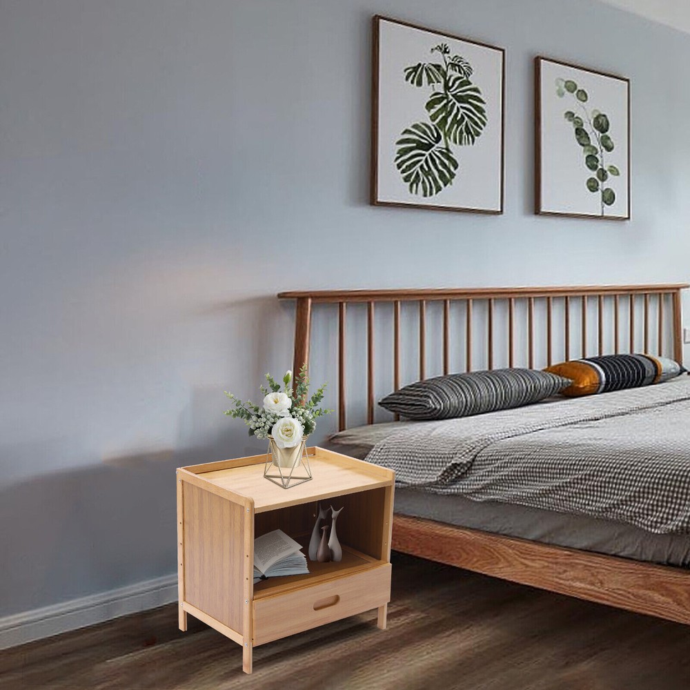 Bedroom Storage Organizer Side Table Bamboo Bedside Nightstand End Table+Drawer