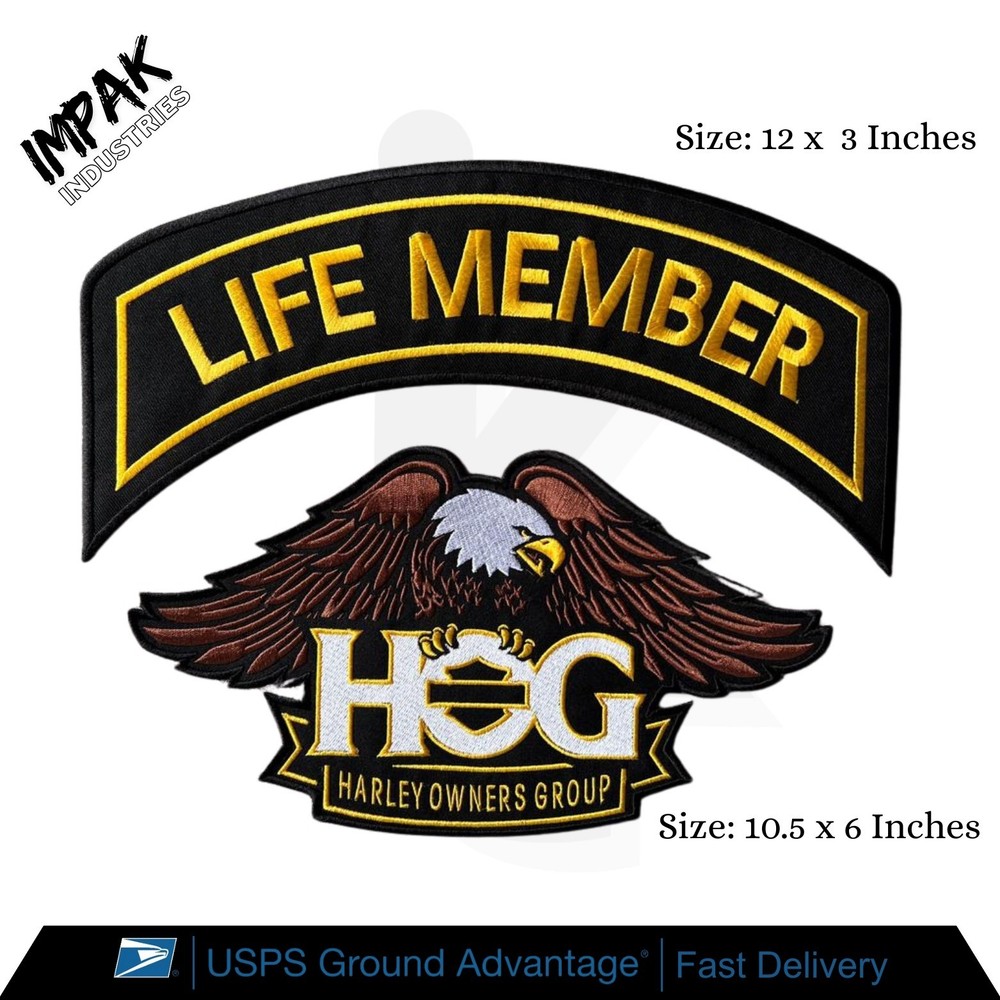Life Member & Large Eagle Harley Davidson Owners Group HOG Patch Set Embroidery