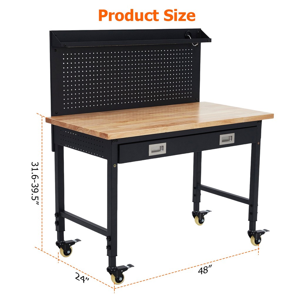 Heavy Duty Worktable With Drawer, Pageboard, Maximum Load Capacity 2000lbs Black