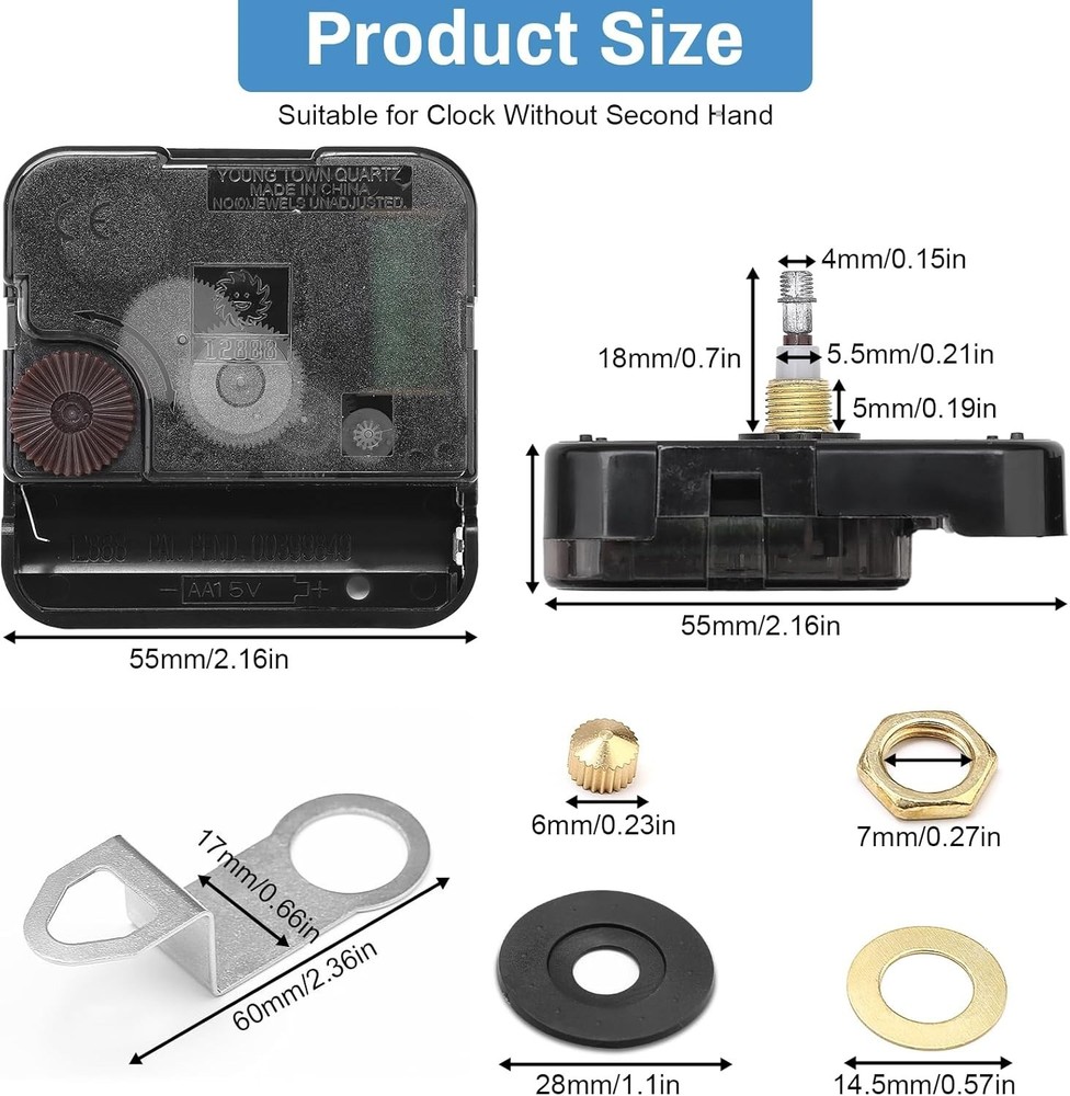 Quartz Clock 12888 Movement Replacement Set, Battery Shaft 18mm - Thread 5mm