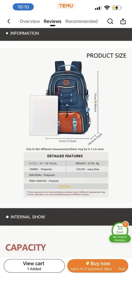 CYMEOE Hiking Backpack Navy Blue Polyester Large Capacity Shoe Compartment