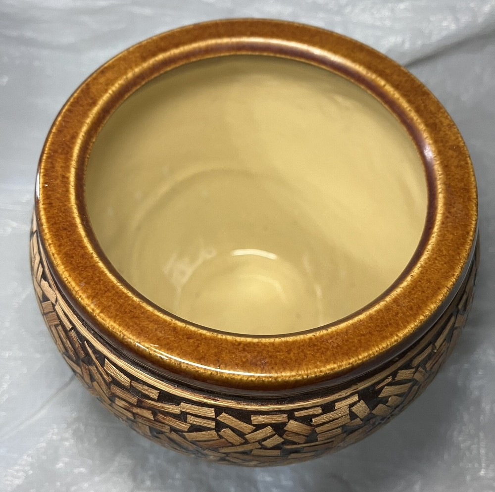 Ceramic Vase/Jar, Brown With Wood Inlays
