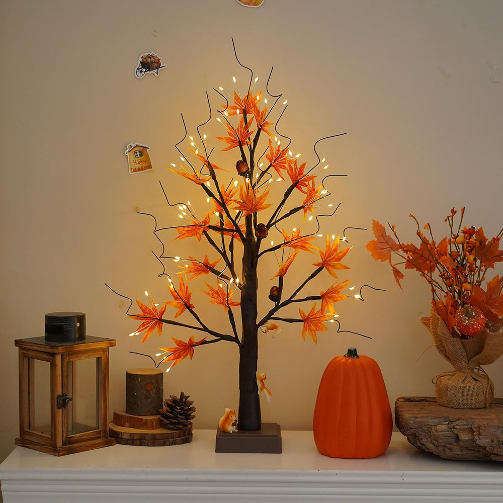 24” 72 LED Fall Decorations for Home, Birch Tree Lighted Fall Maple Leaves Artif