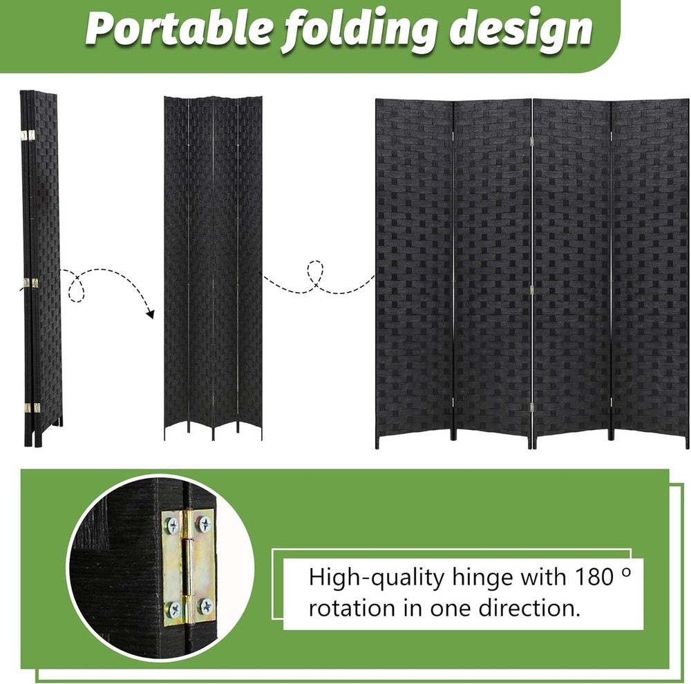 Versatile 4-Panel Folding Wood Divider | Modern Coal Black Woven Privacy Screen