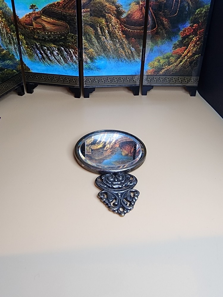 100 Yr Old HANS JENSEN DENMARK Silver Repousse Hand Mirror Original Beveled