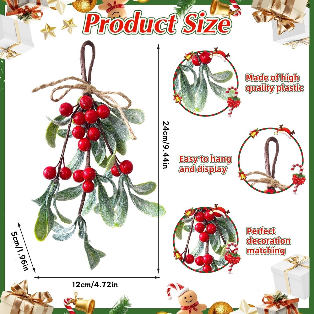 2 Pack Artificial Mistletoe Hanging Ornaments, 9 Inches Length, Red Berries, ...