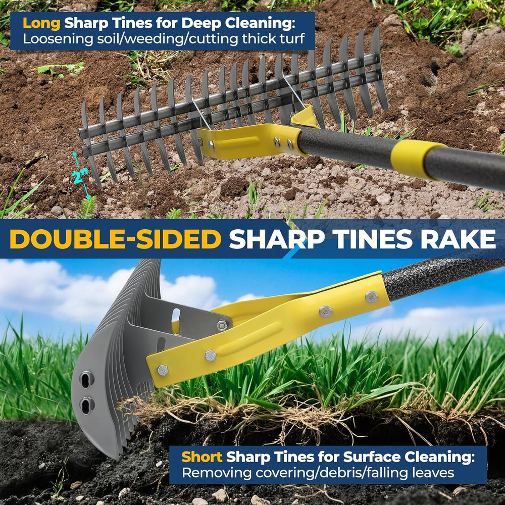 70" Heavy Duty Metal Dethatcher Rake with 15" Double-Edged Sharp Tines