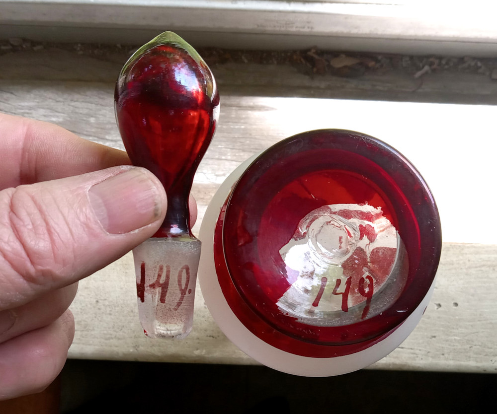 1870s RUBY STAINED BIRD ON BRANCH PONTILED COLOGNE BOTTLE W/ORIGINAL STOPPER