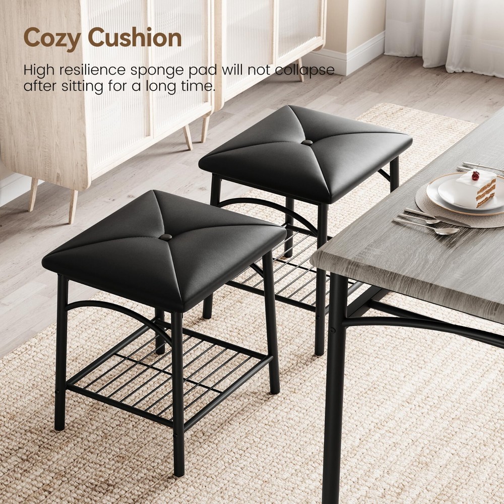 Dining Set Table with Wine Rack and 2 Upholstered Stools Bench for Small Kitchen