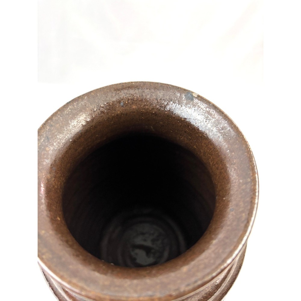 Vintage Studio Art Pottery Vase Impressed Leaf Design Rustic Stoneware Glaze