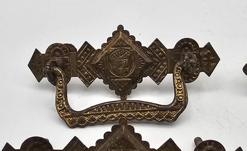 Antique Pressed Brass Drawer Pulls Ornate Gothis Style ~ 2 Pairs