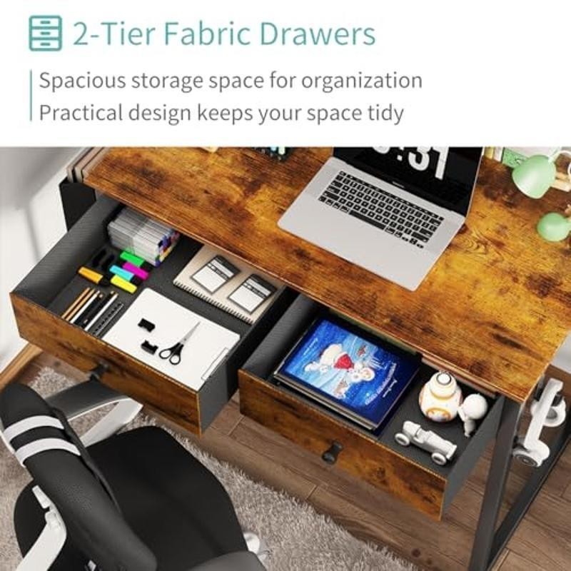 Rustic Brown Computer Desk W/ 2 Drawers & Storage Bag Study Writing Table New