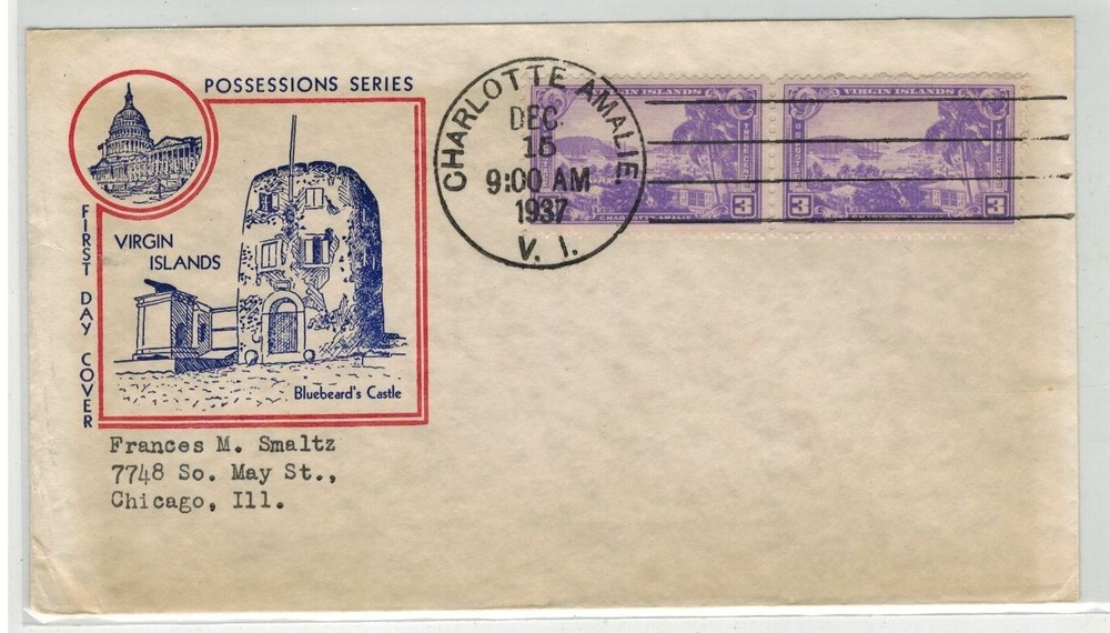 1937 US TERRITORIES POSSESSIONS 802 VIRGIN ISLANDS PAIR HAND CANCEL