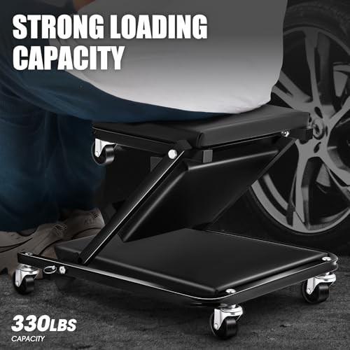 36" Folding 2-in-1 Rolling Creeper & Garage Chair, Adjustable, 330LBS Capacity,