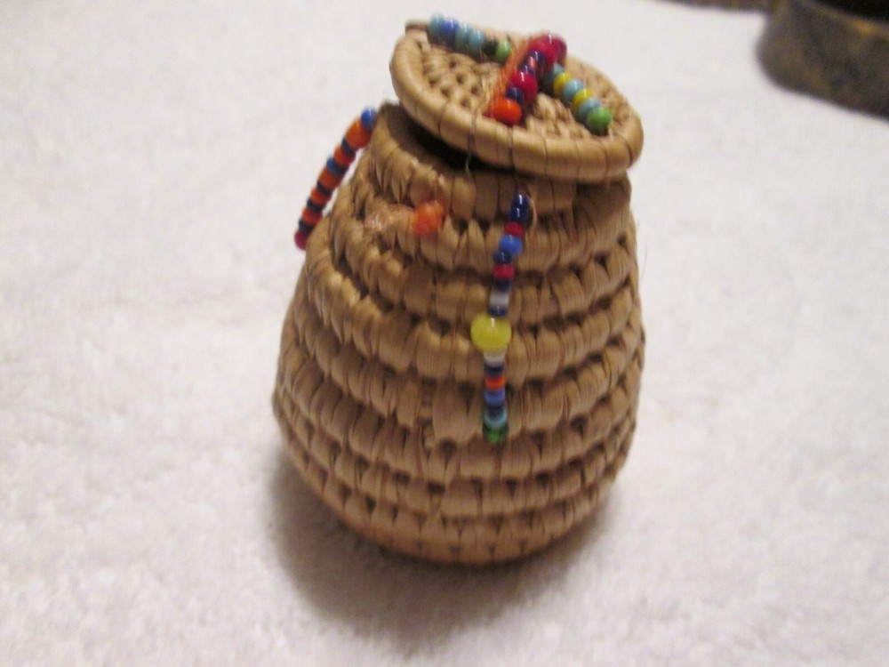 Mini Coil Basket With Lid & Bead Work Decorations