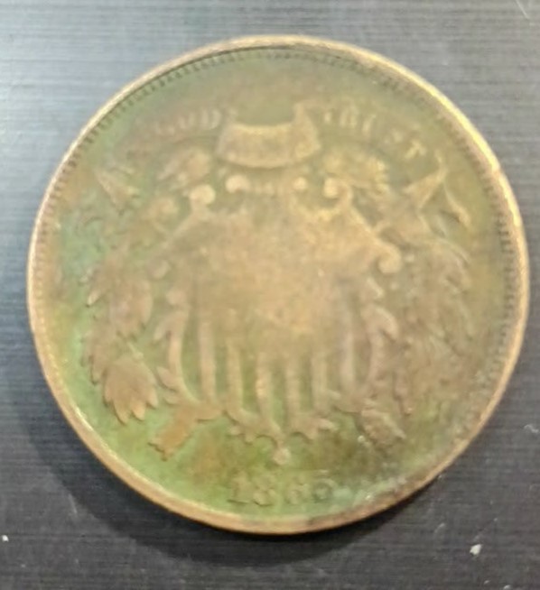 1865 Two 2 Cent Piece- Fancy 5, GOOD