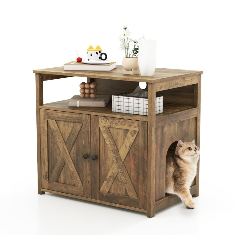Cat Litter Box Enclosure Entry Box Barn Doors Side Table Divider W/Storage Shelf