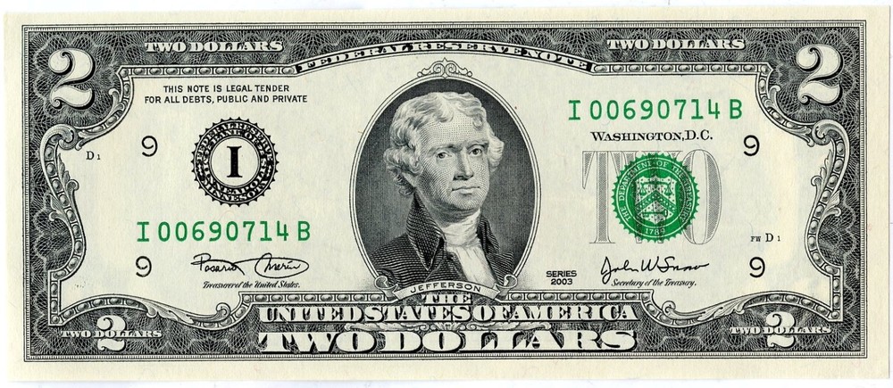 U.S.A $2 2 Dollar Uncirculated  BANKNOTE 2003