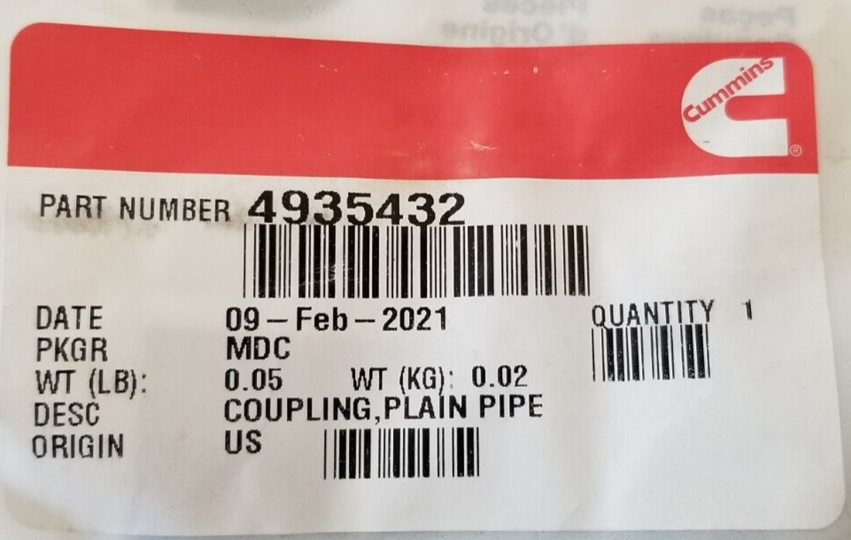 New Oem Genuine Cummins Plain Pipe Coupling Fitting 4935432