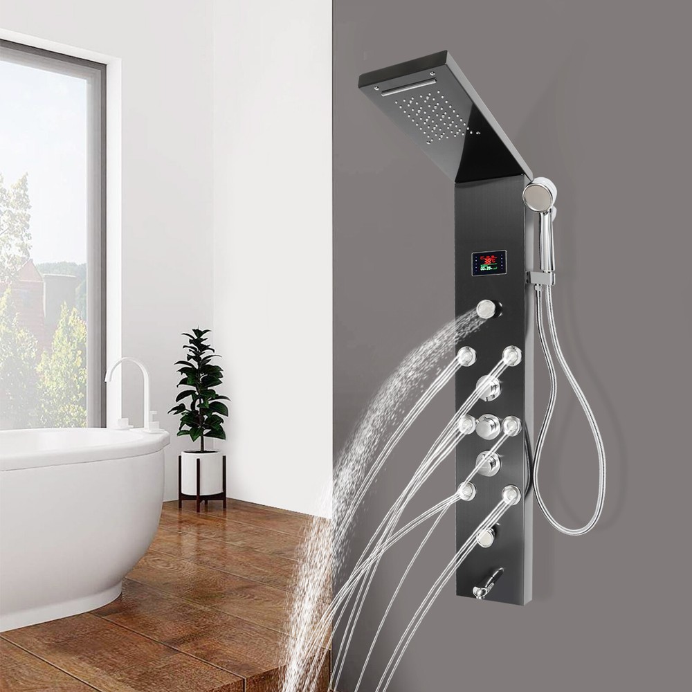 LED Rainfall Head Hand Shower Panel 8Jets Bathrooms Waterfall Jets Faucet System