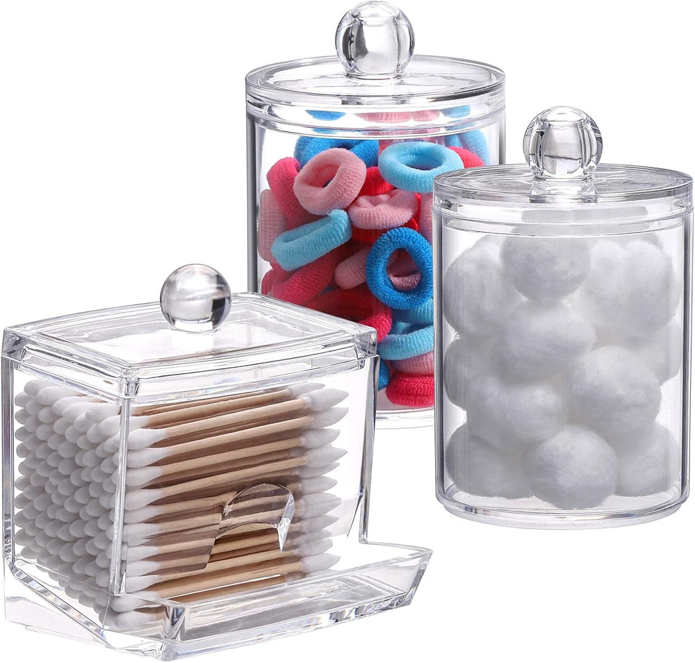 Clear Plastic Qtip Holder Set 3 Pack Bathroom Vanity Organizer with Lids