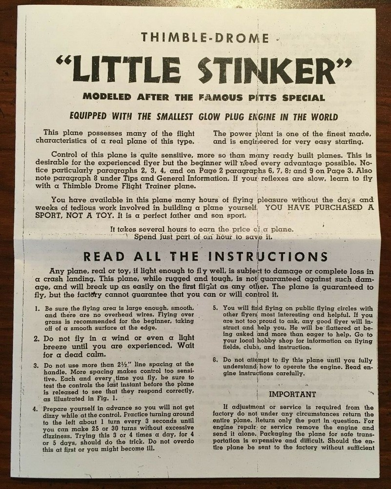 COX THIMBLE DROME LITTLE L'IL STINKER  AIRPLANE MANUAL & ENGINE INSTRUCTIONS